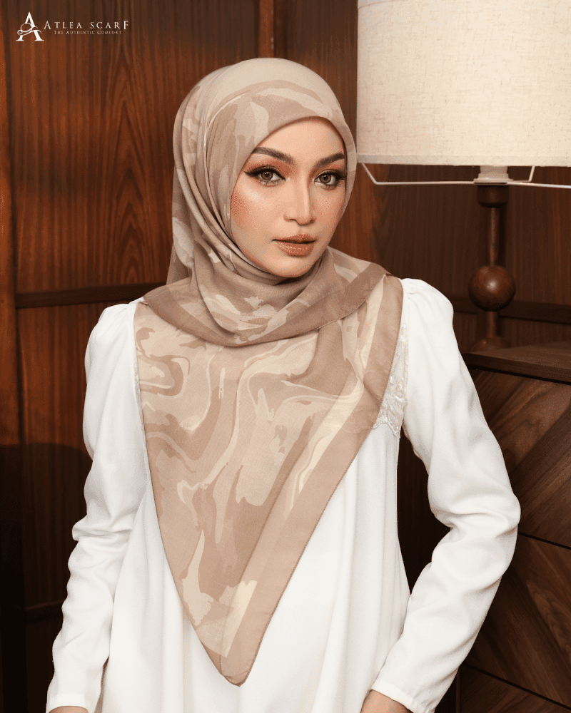 tudung bawal Arda Edition Stone Taupe abstract pattern muted tone premium cotton voile