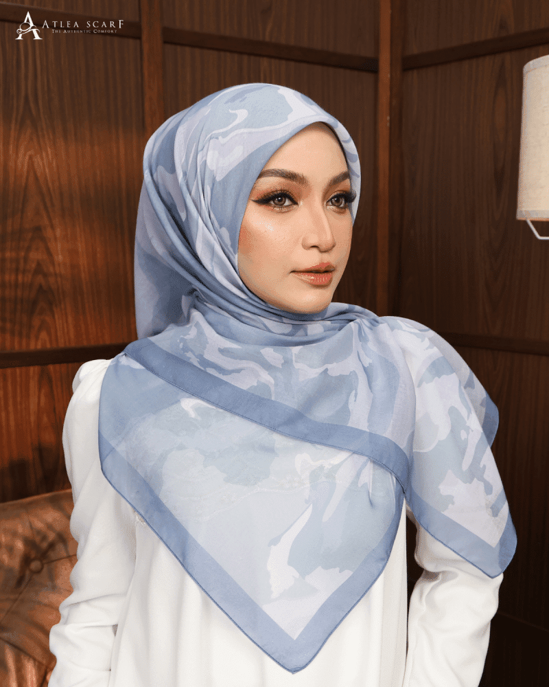 tudung bawal Arda Edition Steel Blue abstract pattern muted tone premium cotton voile