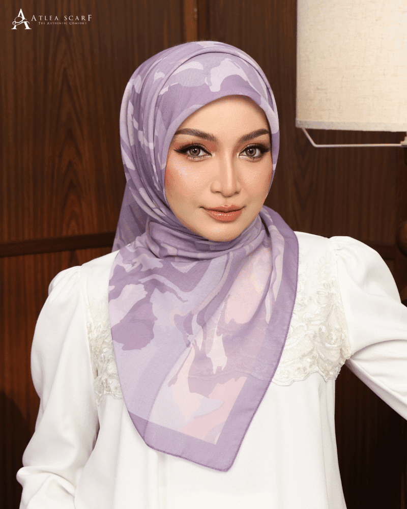 tudung bawal Arda Edition Lilac Ash abstract pattern muted tone premium cotton voile